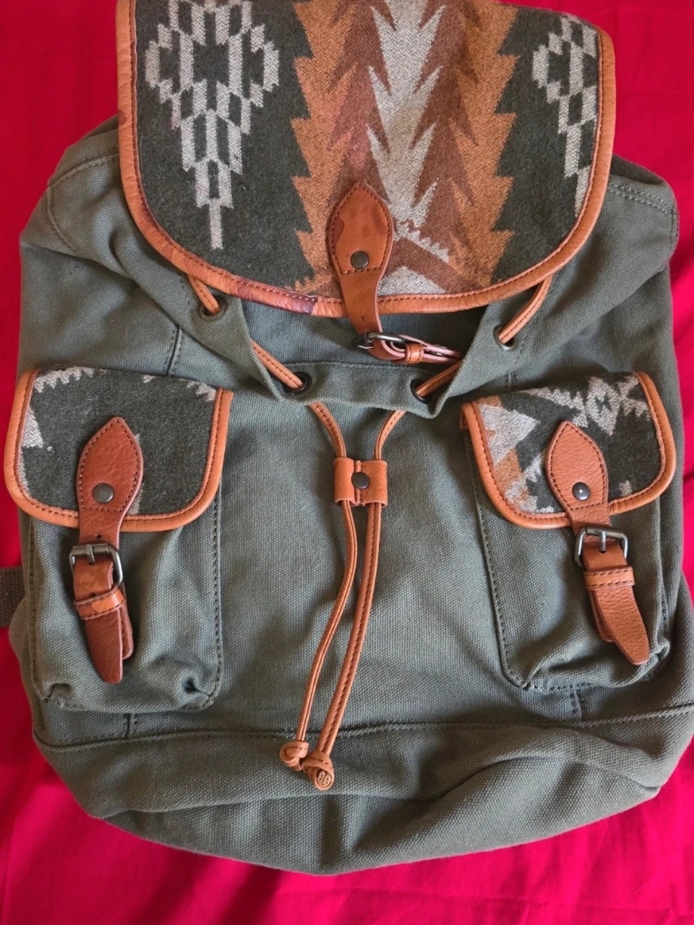 Pendleton Olive Green Canvas & Wool Southwestern Backpack - Pristine